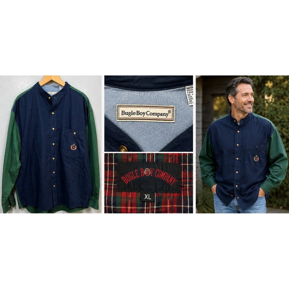 Bugle Boy Company Colorblock Button Front Shirt Men's XL Navy Green Crest 90's‎